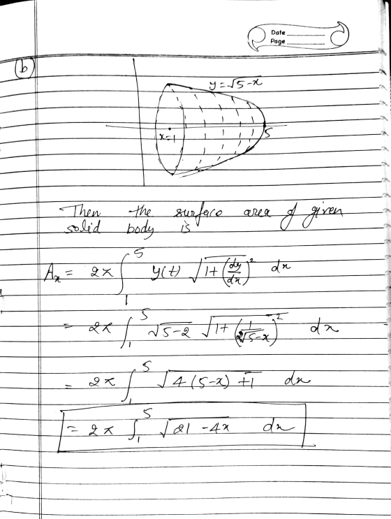 Date Page ( J-S- Isha Y ra < Then the surface solid body 200 og given A- 2x dr ५८ //+ 5 र | ऽ- सादि) व 14-15-1) S २ da da - 2