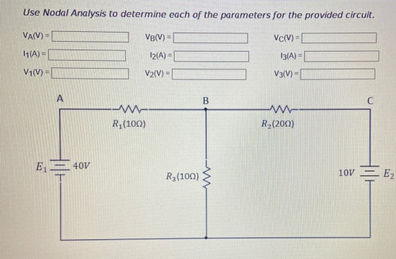 Use Nodal Analysis to determine each of the parameters for the provided circuit. VA(V) = VB(V) = Vc(V) = 11(A) = 12(A) = 13(A