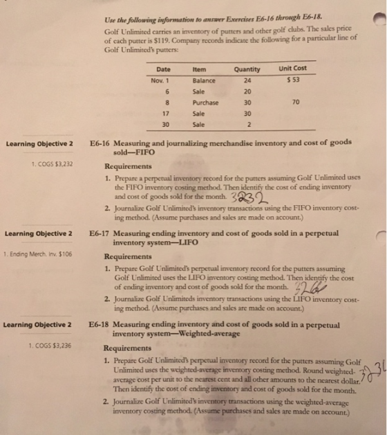 Use the following information to answer Excercises E6-16 through E6-18 Golf Unlimited carries an inventory of putters and oth