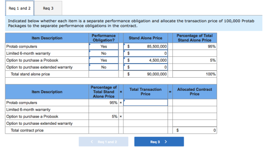 Req 1 and 2 Req3 Indicated below whether each item is a separate performance obligation and allocate the transaction price of