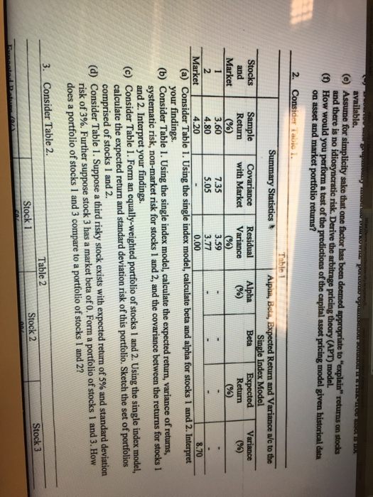 (e) Assume for simplicity sake that one factor has been deemed appropriate to explain returns on stocds (0) How and there is no idiosyncratic risk. Derive the arbitrage pricing theory would you perform a test of the predictions of the capital asset pricing model given historical data (APT) model 2. Consider Tablo 1 Return and Variance a/c to the Stocks Sample Covariance Residual AlphaBeta Expected Variance and Return | with Market | Variance | (96) Return Market 3.60 4.80 2 (a) Consider Table 1. Using the single index model, calculate beta and alpha for stocks 1 and 2. Interpret (b) Consider Table 1. Using the single index model, calculate the expected return, variance of returns, (e) Consider Table i. Form an equally-weighted portfolio of stocks 1 and 2. Using the single index model, (d) Consider Table 1 . Suppose a third risky stock exists with expected return of 5% and standard deviation 7.35 5.05 3.59 3.77 0.00 Market 4.20 8.70 your findings. risk, non-market risk for stocks 1 and 2, and the covariance between the returns for stocks 1 systematic and 2. Interpret your findings. calculate the expected return and standard deviation risk of this portfolio. Sketch the set of portfolios comprised of stocks 1 and 2. risk of 3%. Further suppose stock 3 has a market beta oro. Form a portfolio of stocks l and 3, How does a portfolio of stocks 1 and 3 compare to a portfolio of stocks 1 and 2? 3. Consider Table 2. Table 2 Stock 2 Stock 3 Stock 1