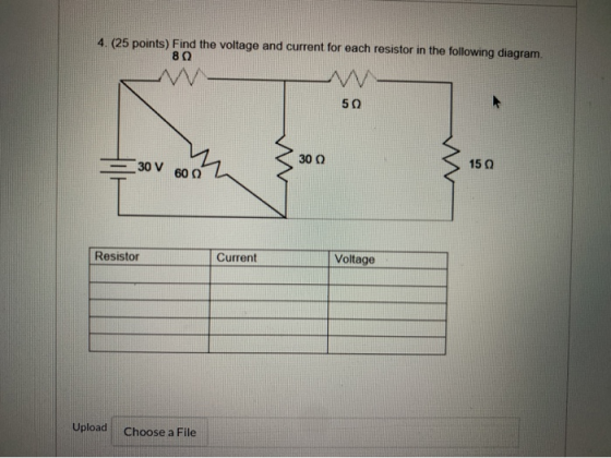 4. (25 points) Find the voltage and current for each resistor in the following diagram. 80 50 300 30 V 15 600 Resistor Curren