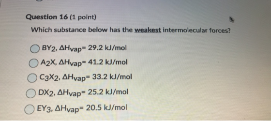 Question 16 (1 point) Which substance below has the weakest intermolecular forces? BY2, AHvap=29.2 kJ/mol A2X, AHvap= 41.2 kJ
