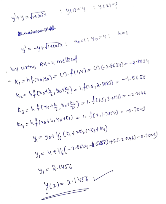 y (2) =) : 901)=4 yty=fitcort Badinean bild no-li yorų: y=-4+ Vitrost: by using RK= 4 mellod Ki = hfcmb, yo] = (1). f41,4)=
