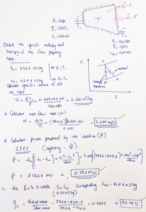 150=0 6 WP Pia impa T T.-500°C V=2000/s 2 and Obtain the specific enthalpy Property P₂ = 150 kPa Tr. 150°C entropy of air fro