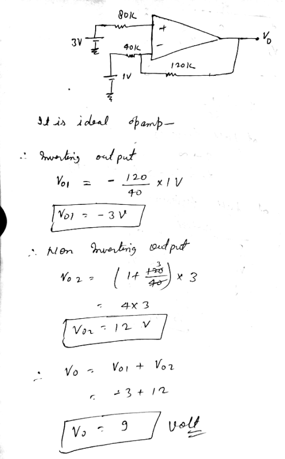 80k 401 120k ivm It is ideal opamp- 40 hverting out put Von = - 120 XIV I VOI = - 3V . Non sverting output - 4x3 Noa Noit Voz