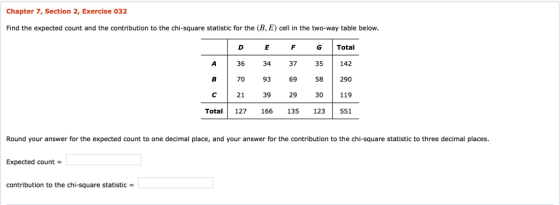 Chapter 7, Section 2, Exercise 032 Find the expected count and the contribution to the chi-square statistic for the (B, E) cell in the two-way table below 36 70 21 34 93 39 37 69 29 G Total 35 58290 30 119 142 Total 127 166 135 123 551 Round your answer for the expected count to one decimal place, and your answer for the contribution to the chi-square statistic to three decimal places Expected count- contribution to the chi-square statistic-