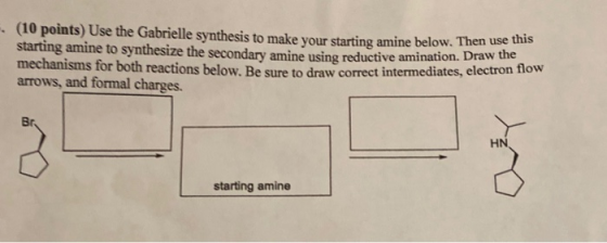 (10 points) Use the Gabrielle synthesis to make your starting amine below. Then use this starting amine to synthesize the sec
