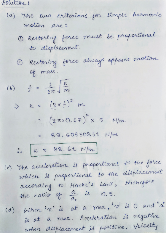 are o Restoring toree must be propotienal Restering kerce always espeses motien mレ (c) he aseleration i propertional to the forec ohich i proportional to the displacement accerdi to Hookes La, thenehore ng the natio f a, i o. 5 a is O. 5. a。 (d) Wihen i at a max, i and a is, at a mar . AcceleratZon ǐ人negative when displaterneよ込Perative. Volodty