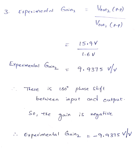 Mu Gaine Voutz (P-P) 3. Experimental Vout, Cp-p) E 15.91 1.6u Experimental Gaing と 9.9375 is t There 180° phase Shift between