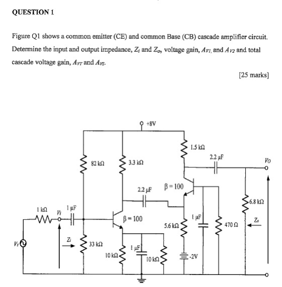 QUESTION 1 Figure Q1 shows a common emitter (CE) and common Base (CB) cascade amplifier circuit. Determine the input and outp