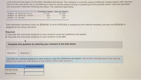 Julio produces two types of calculator, standard and deluxe. The company is currently using a traditional costing system with