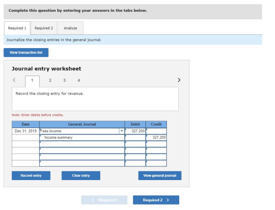 Complete this question by entering your answers in the tabs below. Required 1 Required 2 Analyze Journalize the closing entri