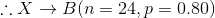 \therefore X\rightarrow B(n=24,p=0.80)