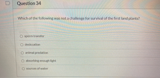 Question 34 Which of the following was not a challenge for survival of the first land plants? O sperm transfer desiccation an