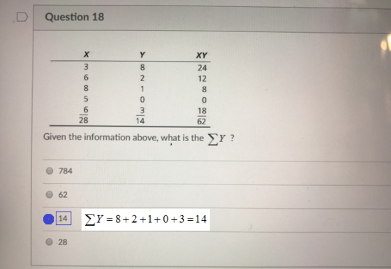 D Question 18 XY 24 12 8 18 6 28 Given the information above, what is the ? 784 O 62 4 Y-8+2+1+0+3-14 0 28