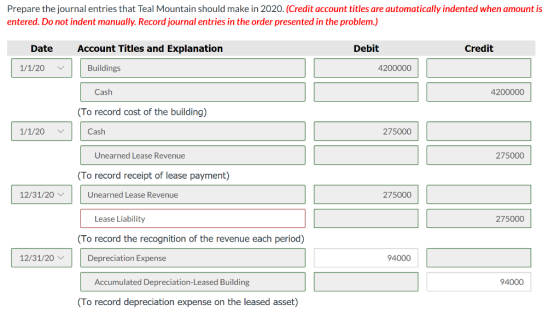 Prepare the journal entries that Teal Mountain should make in 2020. (Credit account titles are automatically indented when am