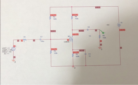15 OOM 54 SUR 10.89A 150 750k 15V 551 RS 3 750k MOS 54 55 VOFFA VAMPL = 5 FREQ=100 AC = 1 TOBA 125 C3
