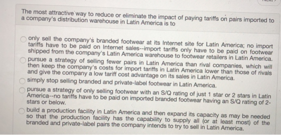 The most attractive way to reduce or eliminate the impact of paying tariffs on pairs imported to a companys distribution war