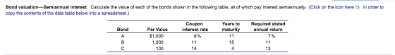 in order to Bond valuation Semiannual interest Calculate the value of each of the bonds shown in the following table, all of