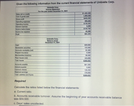 Given the following information from the current financial statements of Umbrella Corp. Umbrella Corp. Income Statement For t