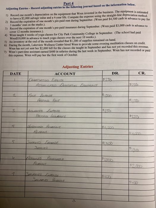 Part 4 Adjusting Entries- Record adjusting entries in the following journal based on the information below. 1) Record one mon