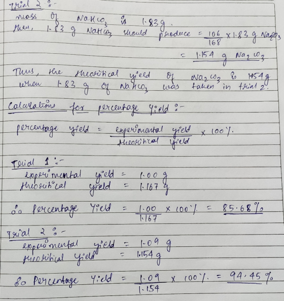 trial a ! mass of Nosso A 1.83g. then, 1.83 g Nation should produce = 106 x 1.83 g Nado: = 1.154 g Nag 03 168 T Thus, the the
