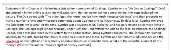 Assignment #4-Chapter 8-Following a visit to her hometown of Coalinga, Cynthia wrote An Ode to Coalinga (Ode) and posted it