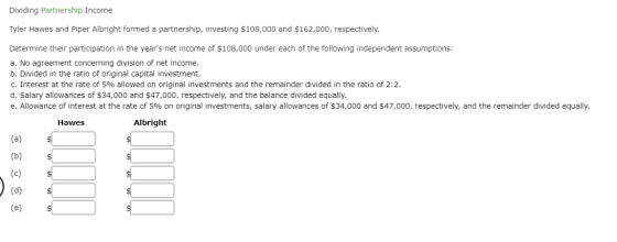 Dividing Partnership Income Tyler Hawes and Piper Albright formed a partnership, investing $108,000 and $162,000, respectivel