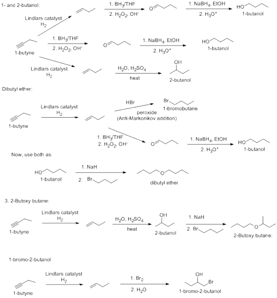 EtOH HO 1. BH3/THF 2. H202, OH 1- and 2-butanol 2. H3o 1-butanol Lindlars catalyst 1. BH3/THF 2. H2O2, OH. ?? 1-butanol 1-butyne 2. H3o ?? Lindlars catalyst heat 2-butanol Dibutyl ether: HBr Lindlars catalyst 1-bromobutane peroxide (Anti-Markonikov addition) 1-butyne 1. BH3/THF 2. H202, OH HO 2. H20+ 1-butanol Now, use both as 1. NaH 1-butanol dibutyl ether 3. 2-Butoxy butane Lindlars catalyst ?? 1-butyne 2-butanol 2-Butoxy butane 1-bromo-2-butanol Lindlars catalyst ?? 1. Br2 Br 2. H2O 1-bromo-2-butanol 1-butyne