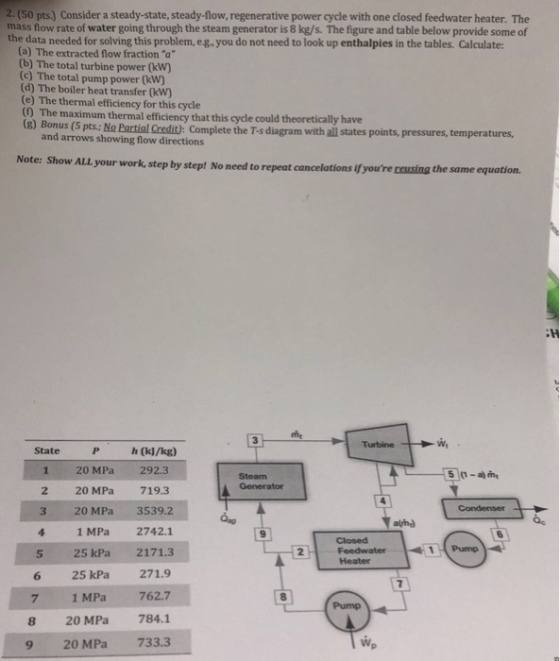 2. (50 pts.) Consider a steady-state, steady-flow, regenerative power cycle with one closed feedwater heater. The mass flow rate of water going through the steam generator is 8 kg/s. The figure and table below provide some of the data needed for solving this problem, eg. you do not need to look up enthalpies in the tables. Calculate (a) The extracted flow fraction a (b) The total turbine power (kW) (c) The total pump power (kW) (d) The boiler heat transfer (kW) (e) The thermal efficiency for this cycle The maximum thermal fficiency that this cycle could theoretically have and arrows showing flow directions (8) Bonus (5 pts: No Partial Credit): Complete the T-s diagram with all states points, p pressures, temperatures, Note: Show ALL your work, step by step! No need to repeat cancelations if youre reusing the same equation repeat can Turbine State h (k]/kg) 1 20 MPa2923 51-a)mt Steam 2 20 MPa719.3 3 20 MPa 3539.2 1 MPa 2742.1 5 25 kPa 2171.3 6 25 kPa 271.9 a 762.7 8 20 MPa 784.1 9 20 MPa 733.3 b 9 1 Pump 2 8 7 1 MP Pump