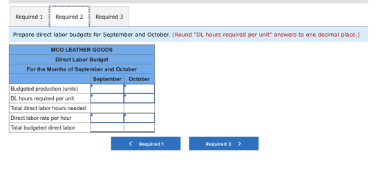 Required 1 Required 2 Required 3 Prepare direct labor budgets for September and October. (Round DL hours required per unit