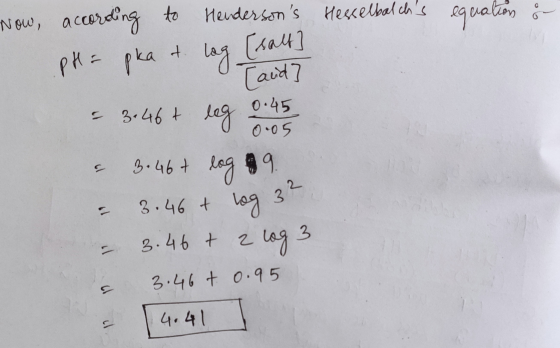 to Now, Hendersons Hesselbalchs equation & according pH = pka ot lag [salt [and = 3.46+ leg 0.45 005 3.46t 이 log 9. 3.46 +