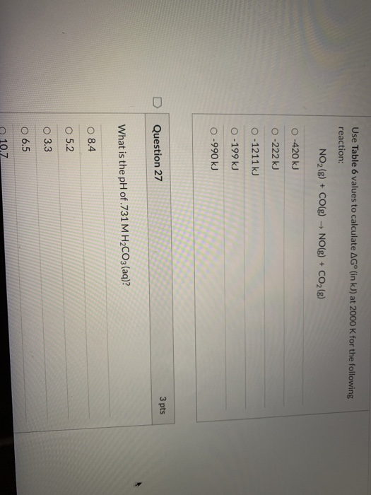 Use Table 6 values to calculate AGº (in kJ) at 2000 K for the following reaction: NO2(g) + CO(g) + NO(g) + CO2(g) O-420 kJ 0-