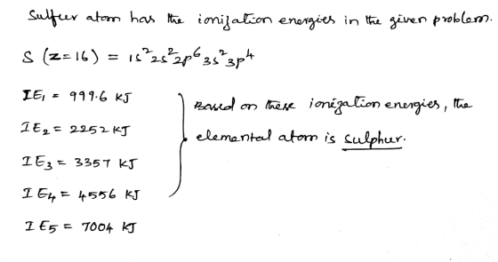 Sufur atom has ionijalcon enogies in te given problam 2 +६১६,८ ১। LE,= 911.6 KJ Pad on the ionigalion ennies, te elemantal at