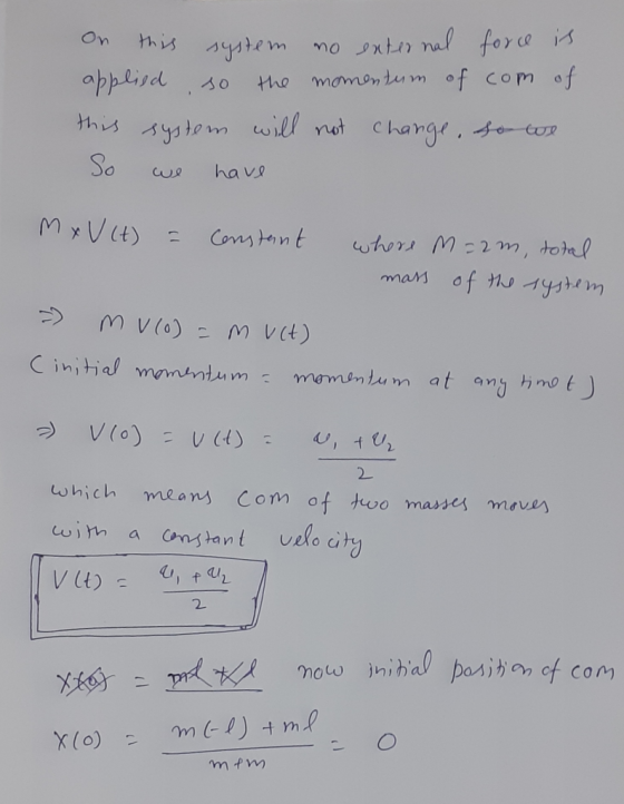 on this system no external force is applied, so the momentum of com of this system will not change, so we So we have Mxu (t)