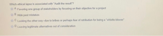 Which ethical lapse is associated with Audit the result? A. Favoring one group of stakeholders by focusing on their objecti