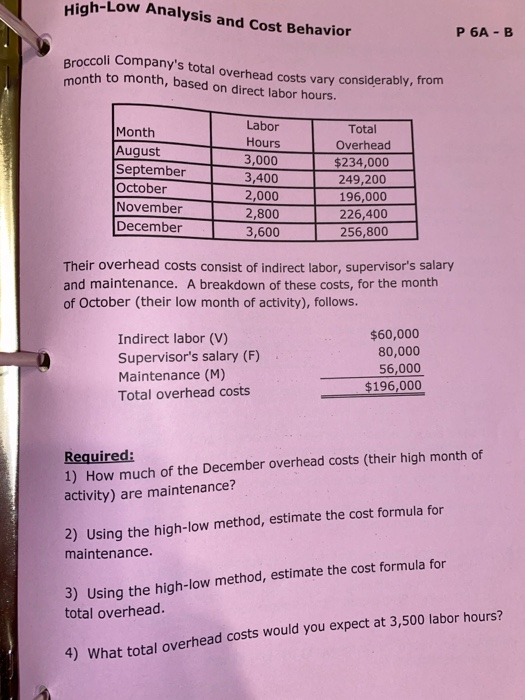 High-Low Analysis and Cost Behavior Broccoli Companys total overhead costs vary considerably, from month to month, based on