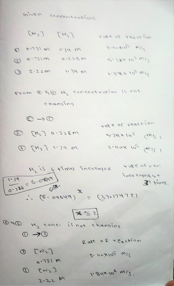 Given concentrations [Na ] [H₂] rate of reaction 2000xlos mis 0.731 M 01731m 139 m 0.228m 5-38x 103 mis 2:22M 39 m from 40 N
