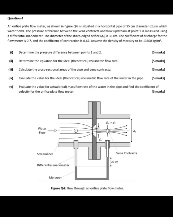 Question 4 An orifice plate flow meter, as shown in figure Q4, is situated in a horizontal pipe of 95 cm diameter (d) in whic