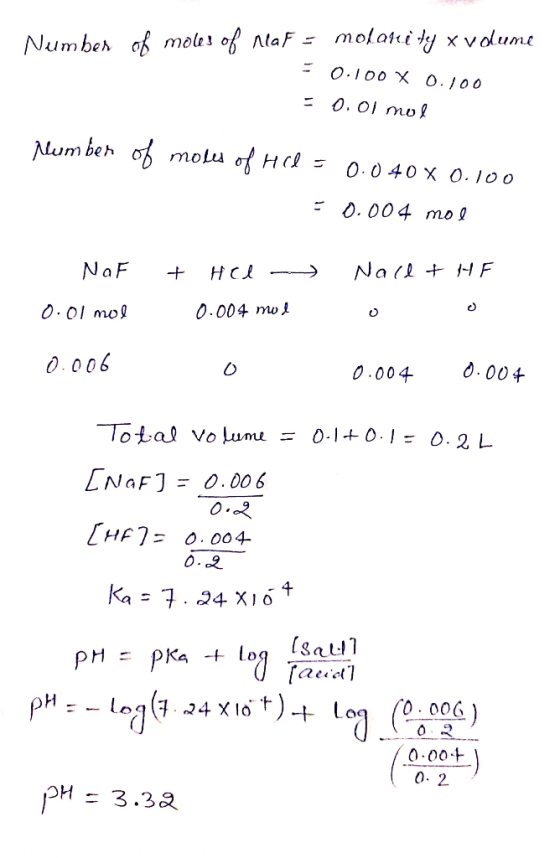 Number of moles of neaF = molari tey x volume = 0.100 X 0.100 = 0.01 mol Number of moles of Hill = 0.0408 0.100 = 0.004 mol N