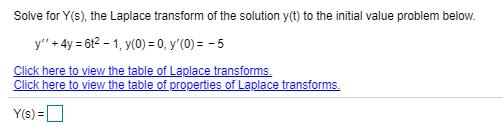 Solve for y(s), the Laplace transform of the solution y(t) to the initial value problem below. y + 4y = 612 - 1, y(0) = 0,