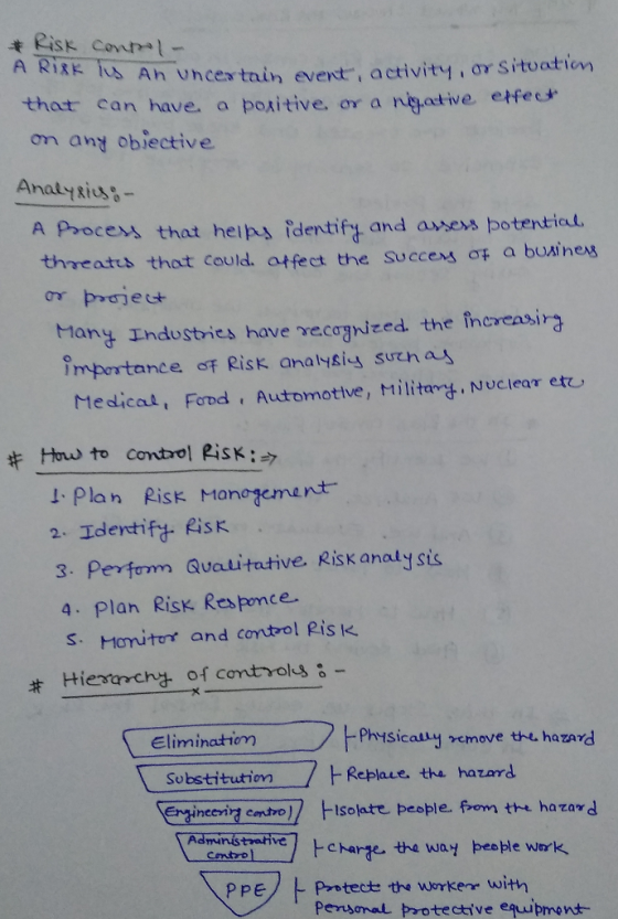 Ah Uhcea taih evext, activity, or situation hat can have a poitive, or a ney-ative effec on ant obiective AnatyRius- A Pocess that helps identif and avsess potentiol thre atrs that could. 어fect the Succe성 ơF a busines an Industries have recagnized the increaxira Importance Risk analysi surna-s Medical, Food Auutomotive, Milita, Nuclear ete Huo to contri RisK:#7 1. Plan Risk Management 2. Idertifd- fisk. 3. perform Qualitative Risk analysis 4. Plan Risk Responce S. Honitor and control RİSK # Hiermcnd of controls ;- ーフドmsicalyrenovethu hazard Elimination Ergineeriry emtrsot pesple. fsom the hazard Administ,nhve) charge the way people werk, PpE/ Protect the workene with Personat Protective equipmont