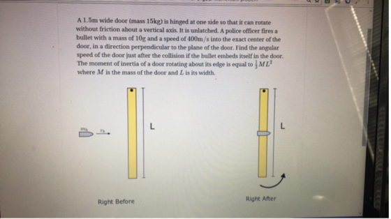 A 1.5m wide door (mass 15kg) is hinged at one side so that it can rotate without friction about a vertical axis. It is unlatc