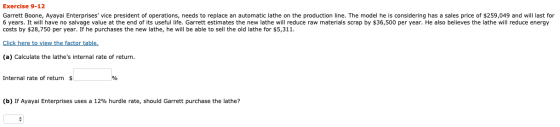 Exercise 9-12 Garrett Boone, Ayayai Enterprises vice president of operations, needs to replace an automatic lathe on the pro