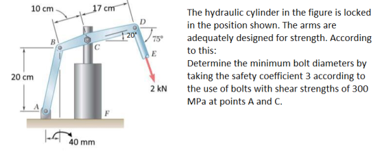 10 cm 17 cm D [20° V75 B с The hydraulic cylinder in the figure is locked in the position shown. The arms are adequately desi