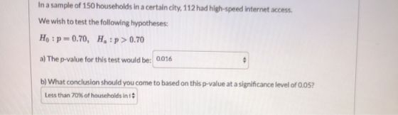In a sample of 150 households in a certain city, 112 had high-speed internet access. We wish to test the following hypotheses