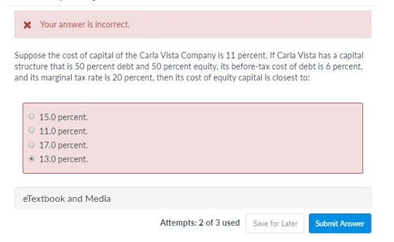 * Your answer is incorrect. Suppose the cost of capital of the Carla Vista Company is 11 percent. If Carla Vista has a capita