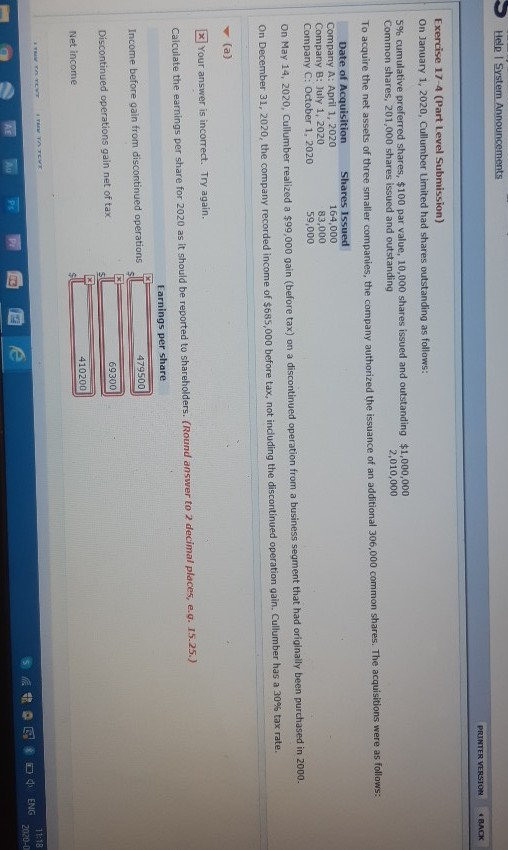 Help System Announcements PRINTER VERSION BACK Exercise 17-4 (Part Level Submission) On January 1, 2020, Cullumber Limited ha