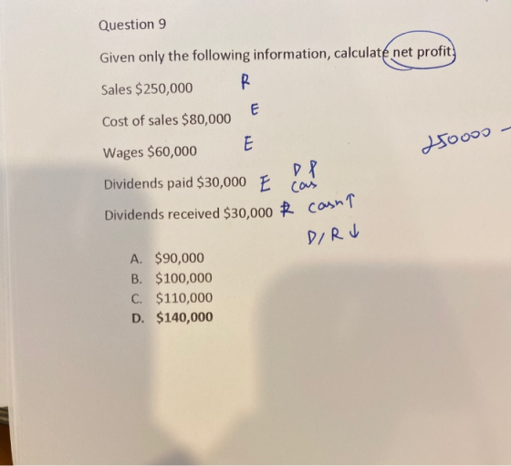 Question 9 Given only the following information, calculate net profit) Sales $250,000 R Cost of sales $80,000 E Wages $60,000